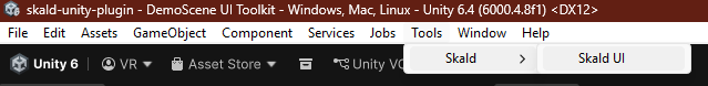 Opening the Skald UI window from the Tools menu
